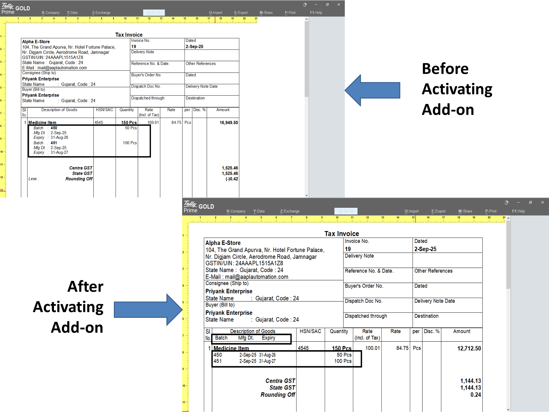 Print Batch Details in Single Line in Invoice